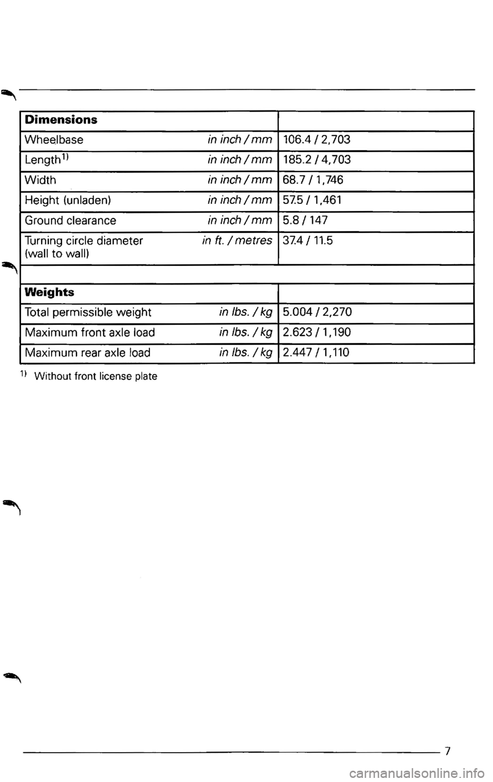 VOLKSWAGEN PASSAT 2002 Owners Manual Dimensions VOLKSWAGEN PASSAT 2002 Owners Manual Dimensions