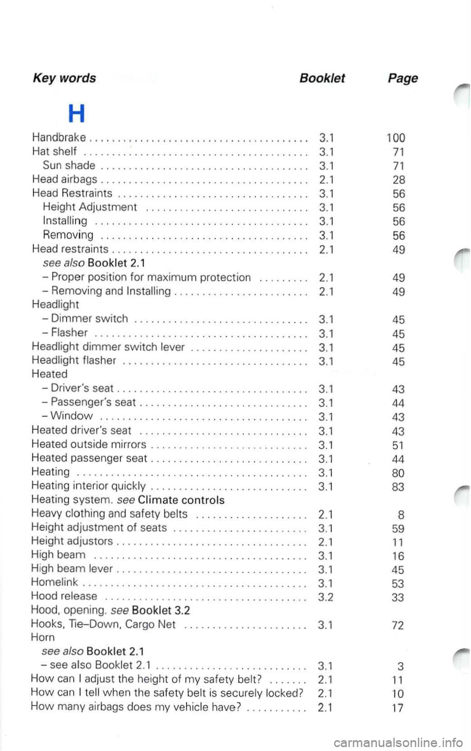 VOLKSWAGEN PASSAT 2001 Owners Manual Keywords Booklet Page
H
Handbrake ...................................... . 3.1
.................... .......... . ...... .
3.1
56
R emov ing
...... .. ..... ................ ....... . 3.1 56
H
VOLKSWAGEN PASSAT 2001 Owners Manual Keywords Booklet Page
H
Handbrake ...................................... . 3.1
.................... .......... . ...... .
3.1
56
R emov ing
...... .. ..... ................ ....... . 3.1 56
H