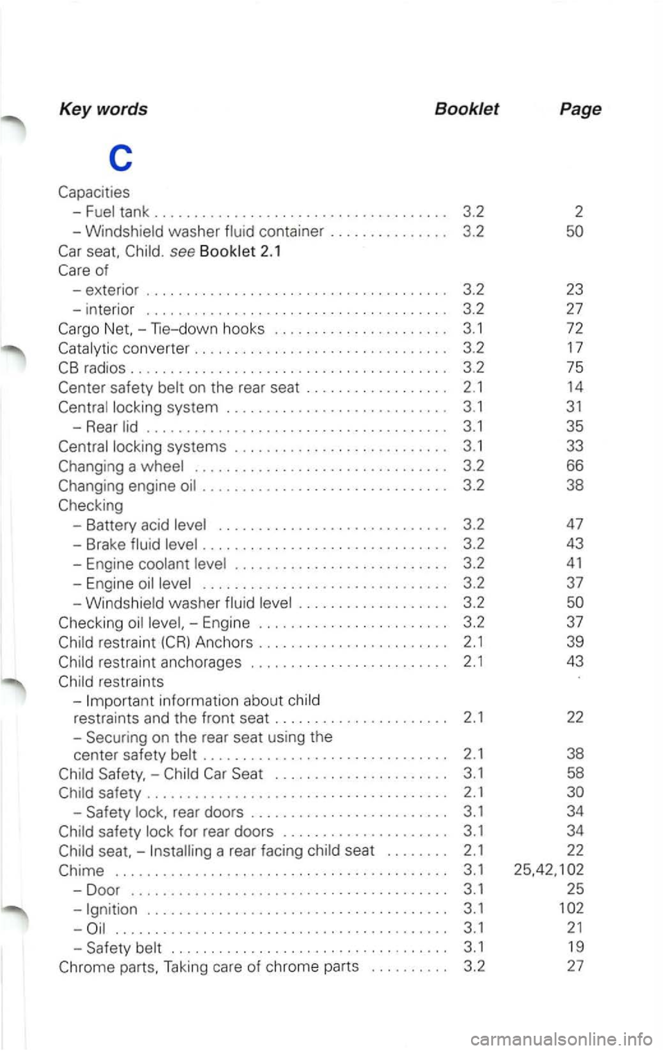 VOLKSWAGEN PASSAT 2001  Owners Manual -Fuel tank .............................. ...... . 
-Windshield washer  fluid containe r ..............  . 
seat. see Booklet 2 .1 
converte r ..................... ... ....... . 
rad ios ............