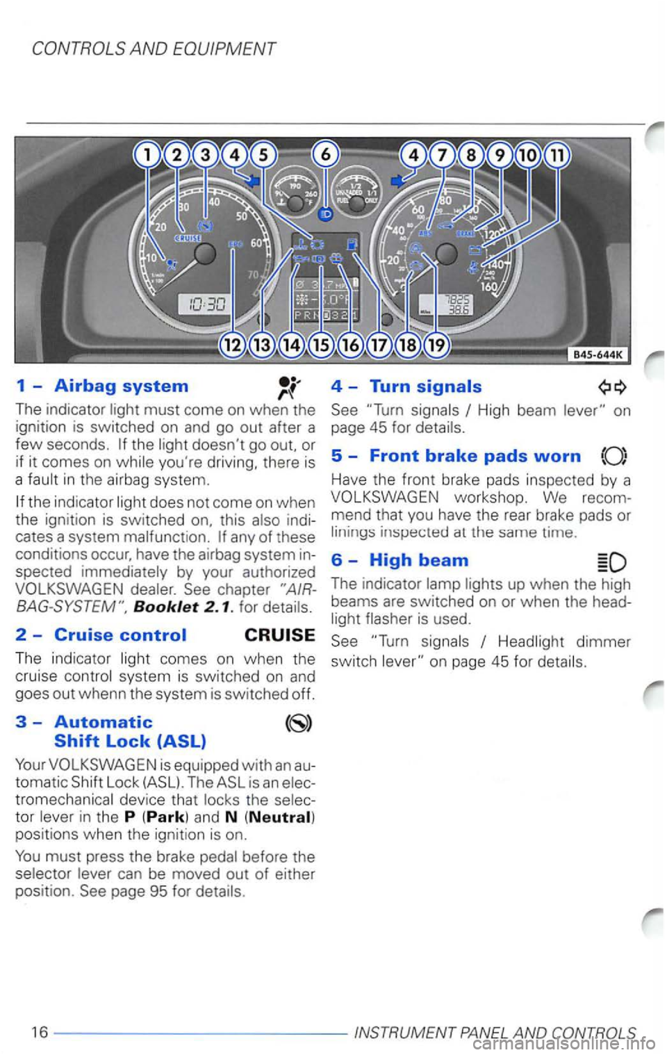 VOLKSWAGEN PASSAT 2000  Owners Manual AND 
1  -Airbag system 
The indicator 
in the  airbag  system . 
the indicator 
this indi­
cates  a system 
Booklet 2. 1 .  for 
4  -Turn 
High  beam on 
page  45 for 
5 -Front brake pads worn (Q) 
H