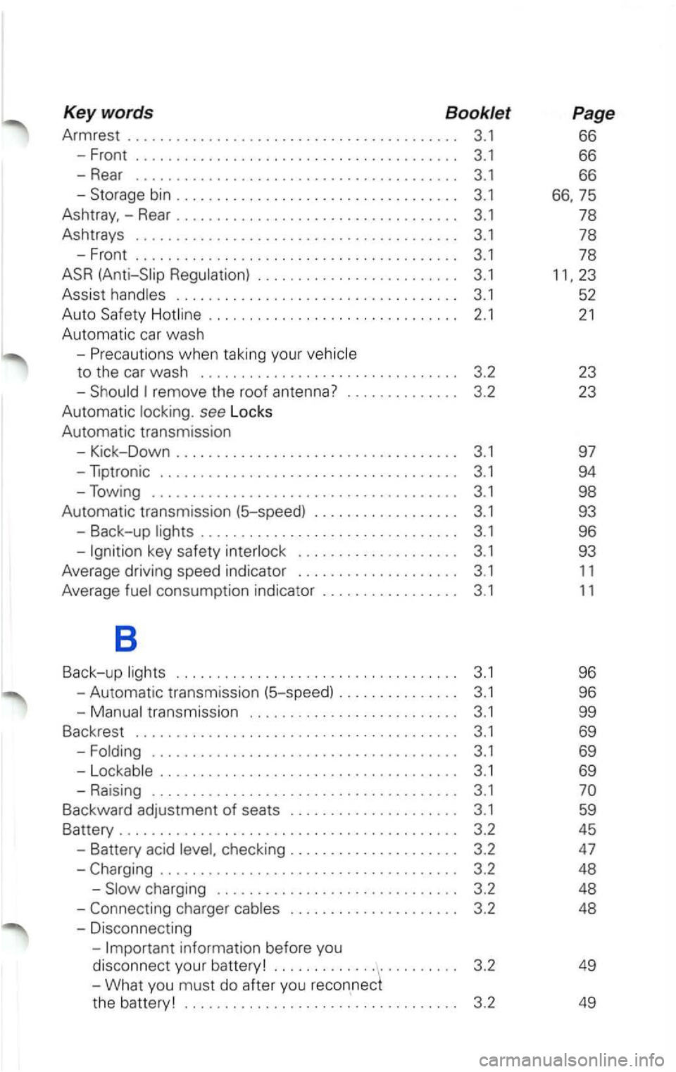 VOLKSWAGEN PASSAT 2000  Owners Manual Key words  Booklet 
Armrest . . .  . . .  . . .  . . .  . .  . . .  . .  . . . . . . 3.1 
-Front . . .  . . .  . . .  . . . . .  . .  . .  . .  . . . . . .  . .  . .  . . . . . . 3.1 
-Rear ..........