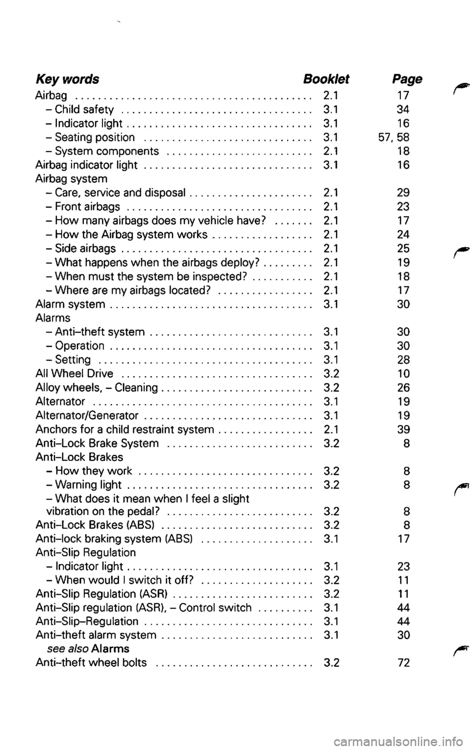 VOLKSWAGEN PASSAT 1999  Owners Manual Key words Booklet 
Airbag . . . . . . . . . . . . . . . . .  . . . . .  . . . . . .  . . . . . .  . . . . . . . . 2.1 
. . .  . . . . .  . .  . . . .  . . . . .  . . . . .  . . .  3.2 
Alternator  . .