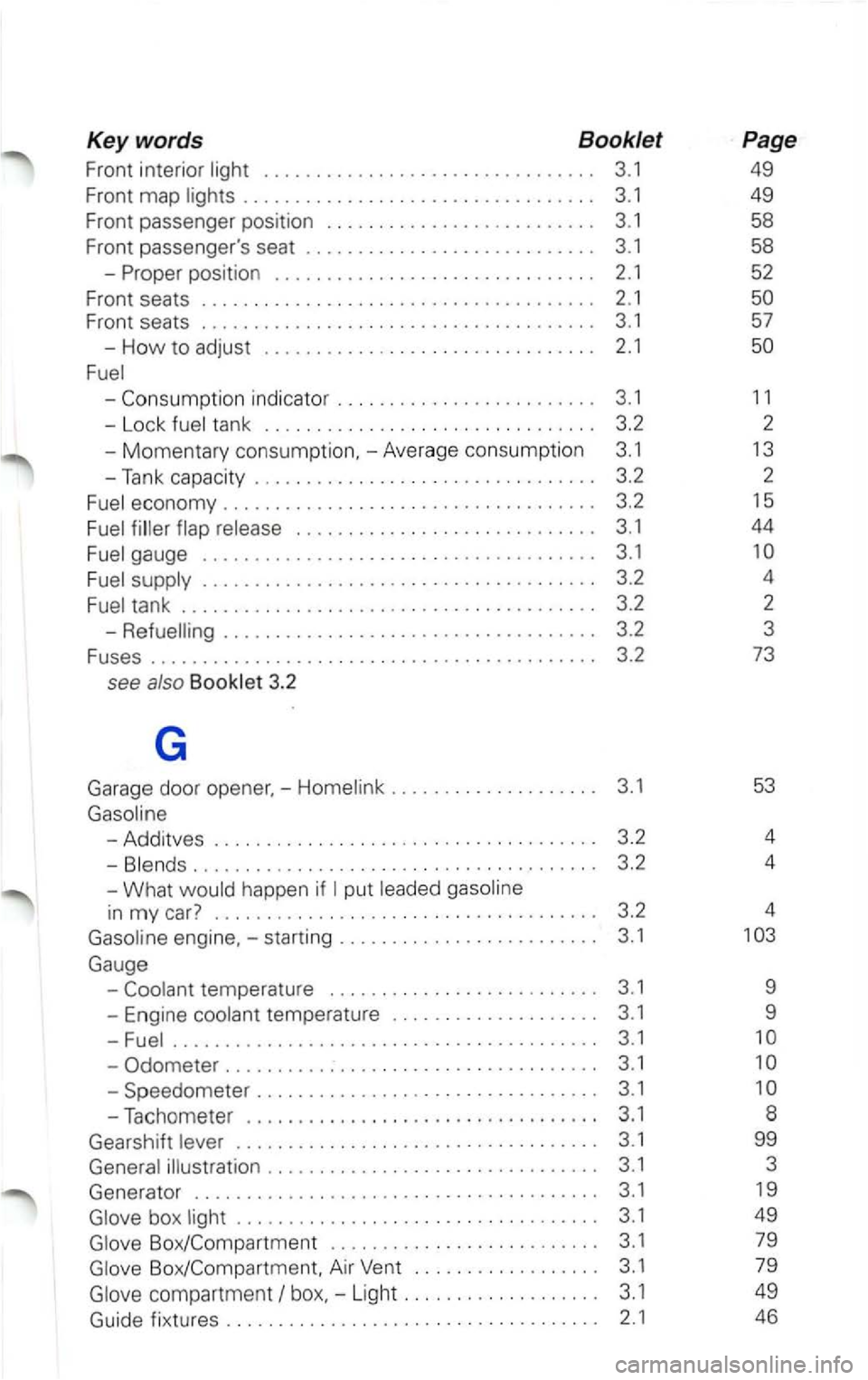 VOLKSWAGEN PASSAT 1998 User Guide Key words  Booklet 
Front interior . . . .  . .  . . . . .  . . .  . .  . . .  . . . .  . . .  . . . .  . . 3.1 
Front  map 
-
economy  . . . .  . . .  . . .  . . . .  . . . .  . . . .  . . . .  . . .