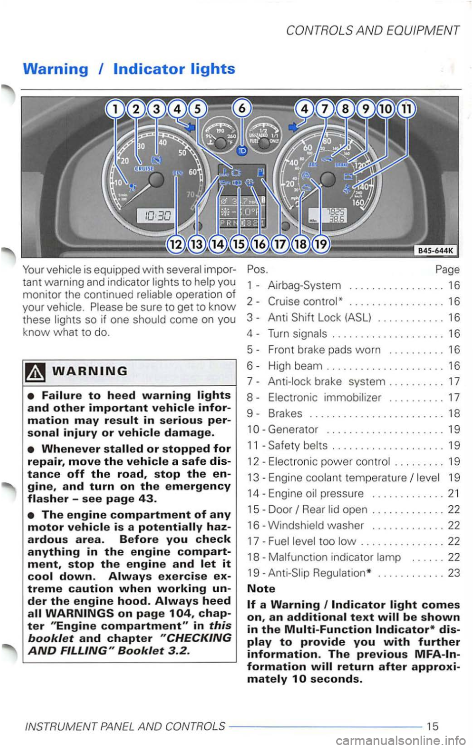 VOLKSWAGEN PASSAT 1998  Owners Manual Warning 
Your to 
operation of your 
stop the en­
stop the engine and 
Booklet 3.2 -
AND EQUIPMEN T 
................. 16 
3 - Anti Loc k ............ 16 
4-Turn .................... 16 
5-F ront  br