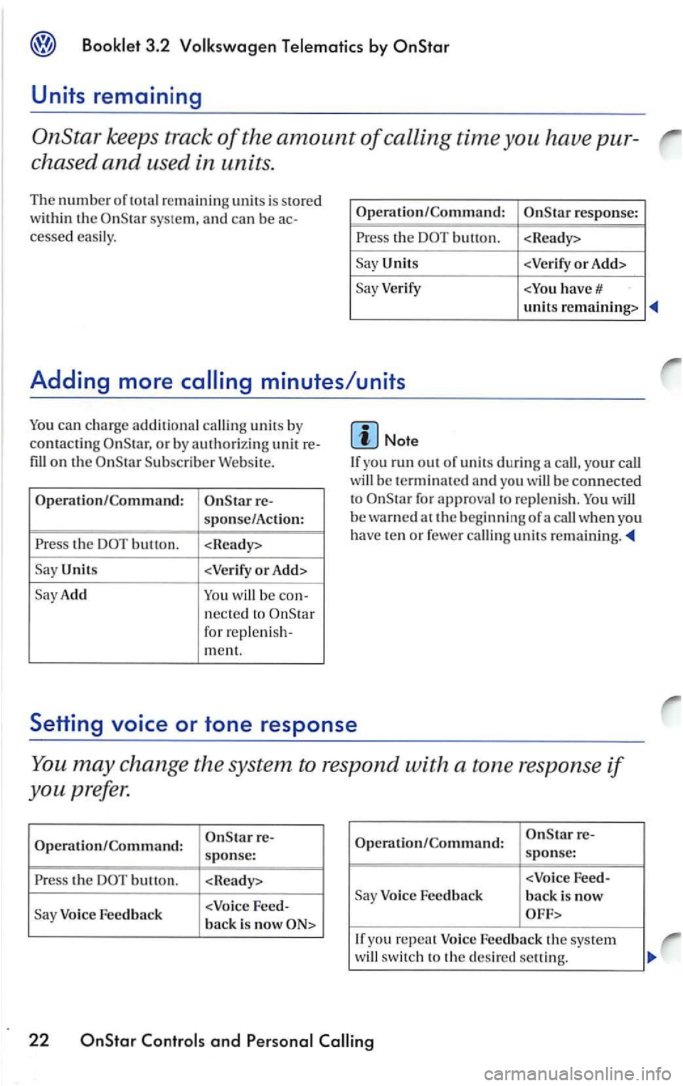 VOLKSWAGEN PASSAT 1998 Owners Manual Units remaining
OnStar keeps track of the amount of calling time you have pur
c h ased
and used in units.
Th e number of total remaining unit s is stored
w i
thin th e sys te m , and ca n VOLKSWAGEN PASSAT 1998 Owners Manual Units remaining
OnStar keeps track of the amount of calling time you have pur
c h ased
and used in units.
Th e number of total remaining unit s is stored
w i
thin th e sys te m , and ca n