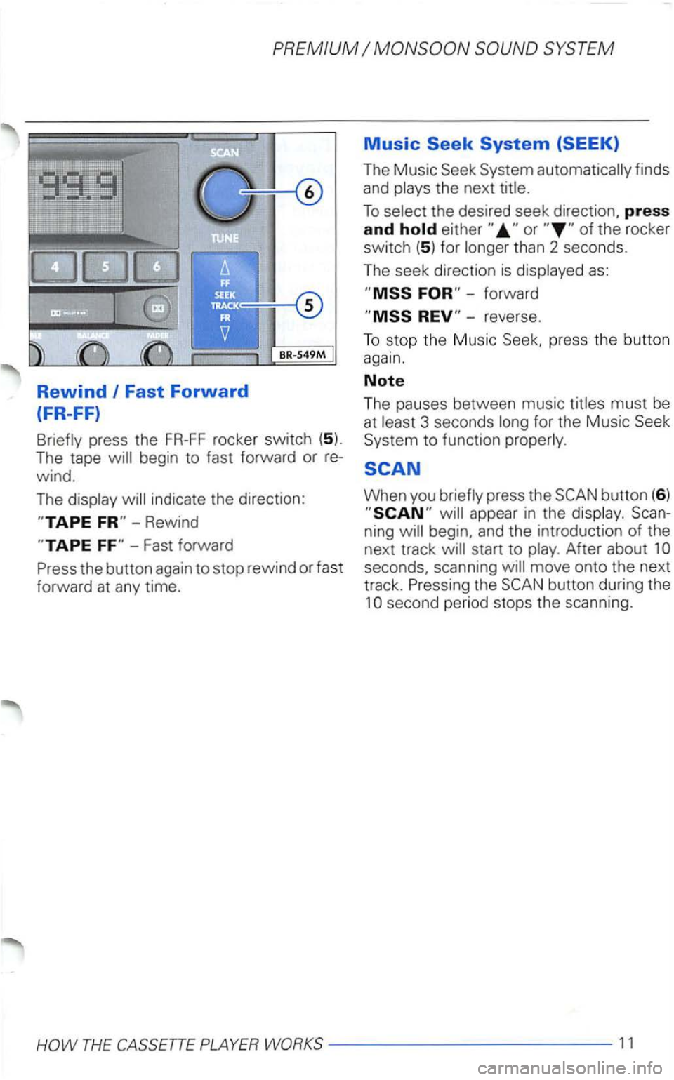 VOLKSWAGEN PASSAT 1998  Owners Manual Rewind I Fast Forward 
(FR-FF) 
press  the FR-FF rocker  switch (5). 
The  tape 
Rewind 
The Music finds 
and 
than  2 seconds. 
The  seek  direction 
is as: 
press  the  button 
again. 
Note 
The  pa