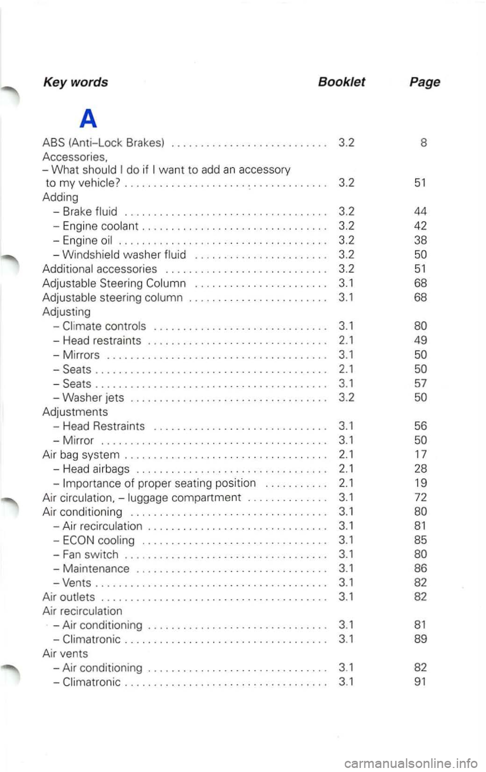 VOLKSWAGEN PASSAT 1997  Owners Manual Key words  Booklet 
A 
ABS 
(Anti-Lock Brakes)  3.2 
Accessories, 
-What do if 
.  . .  . . . .  . . .  . . . . .  . .  . .  . .  . . . . .  . . .  . .  . . . .  .  3.2 
washer . . . .  . . . .  . . .