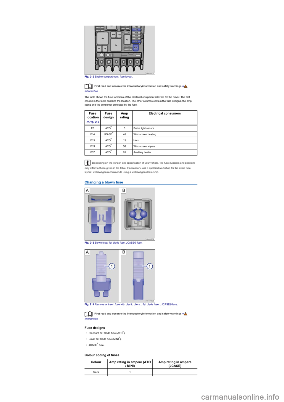 VOLKSWAGEN TIGUAN WOLFSBURG 2017  Owners Manual Fig. 212 Engine compartment: fuse layout.
First read and observe the introductoryinformation and safety warnings⇒
Introduction
The table shows the fuse locations of the electrical equipment relevant