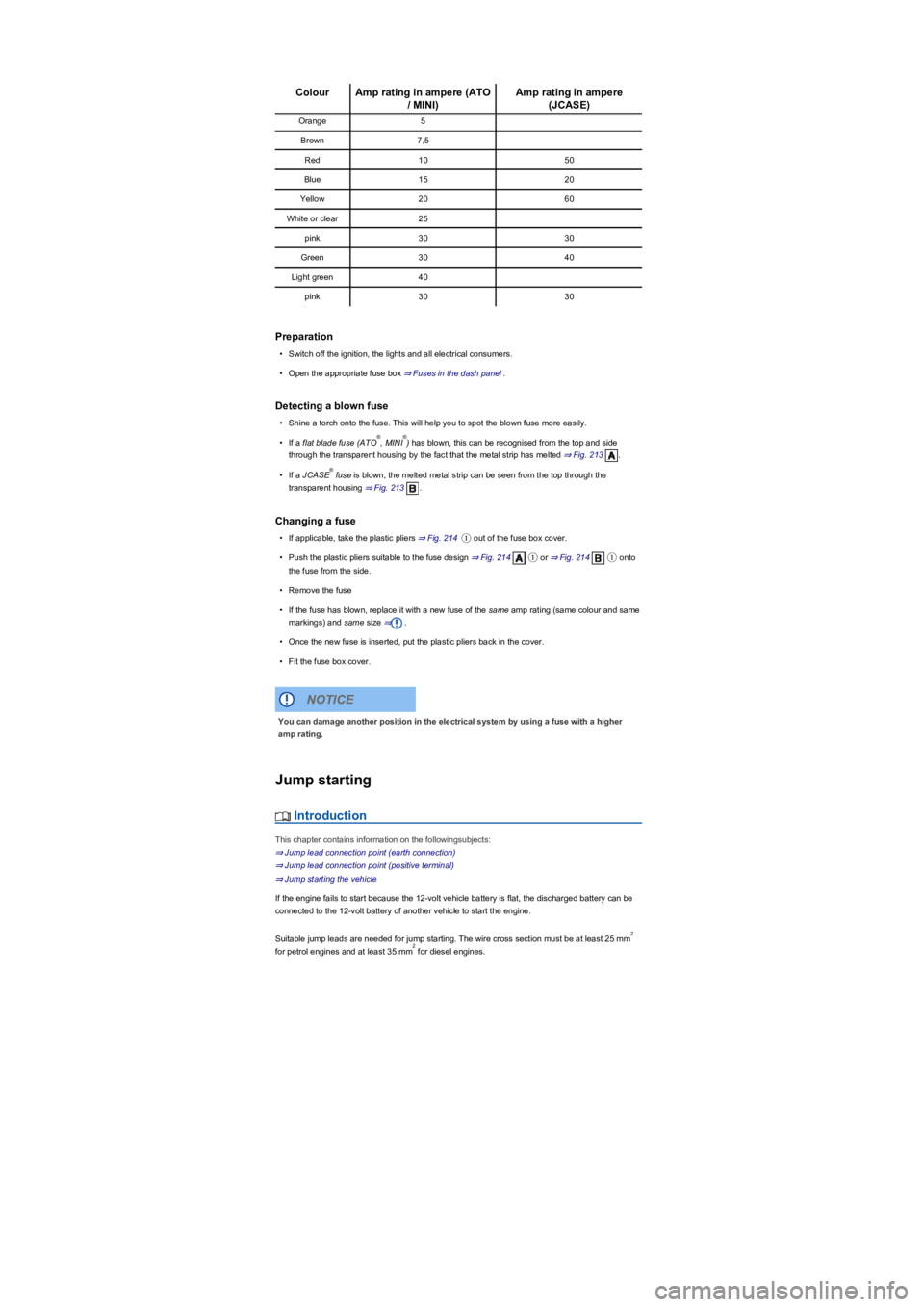 VOLKSWAGEN TIGUAN WOLFSBURG 2017  Owners Manual ColourAmp rating in ampere (ATO 
/ MINIyf
Amp rating in ampere 
(JCASEyf
Orange5
Brown7,5
Red1050
Blue1520
Yellow2060
White or clear25
pink3030
Green3040
Light green40
pink3030
Preparation
•Switch o