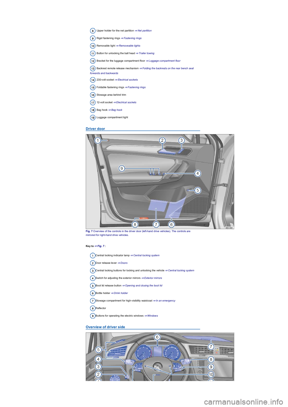 VOLKSWAGEN TIGUAN WOLFSBURG 2017  Owners Manual Upper holder for the net partition ⇒ Net partition
Rigid fastening rings ⇒ Fastening rings
Removable light ⇒ Removeable lights
Button for unlocking the ball head ⇒ Trailer towing
Brack