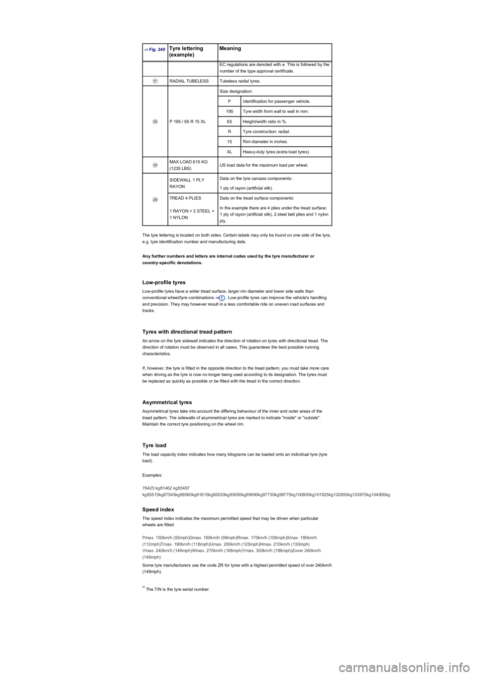 VOLKSWAGEN TIGUAN 2022 Owners Manual ⇒ Fig. 240Tyre lettering
(exampleyf
Meaning
EC regulations are denoted with e. This is followed by the
number of the type approval certificate.
⑰RADIAL TUBELESSTubeless radial tyres.
⑱P 195 VOLKSWAGEN TIGUAN 2022 Owners Manual ⇒ Fig. 240Tyre lettering
(exampleyf
Meaning
EC regulations are denoted with e. This is followed by the
number of the type approval certificate.
⑰RADIAL TUBELESSTubeless radial tyres.
⑱P 195