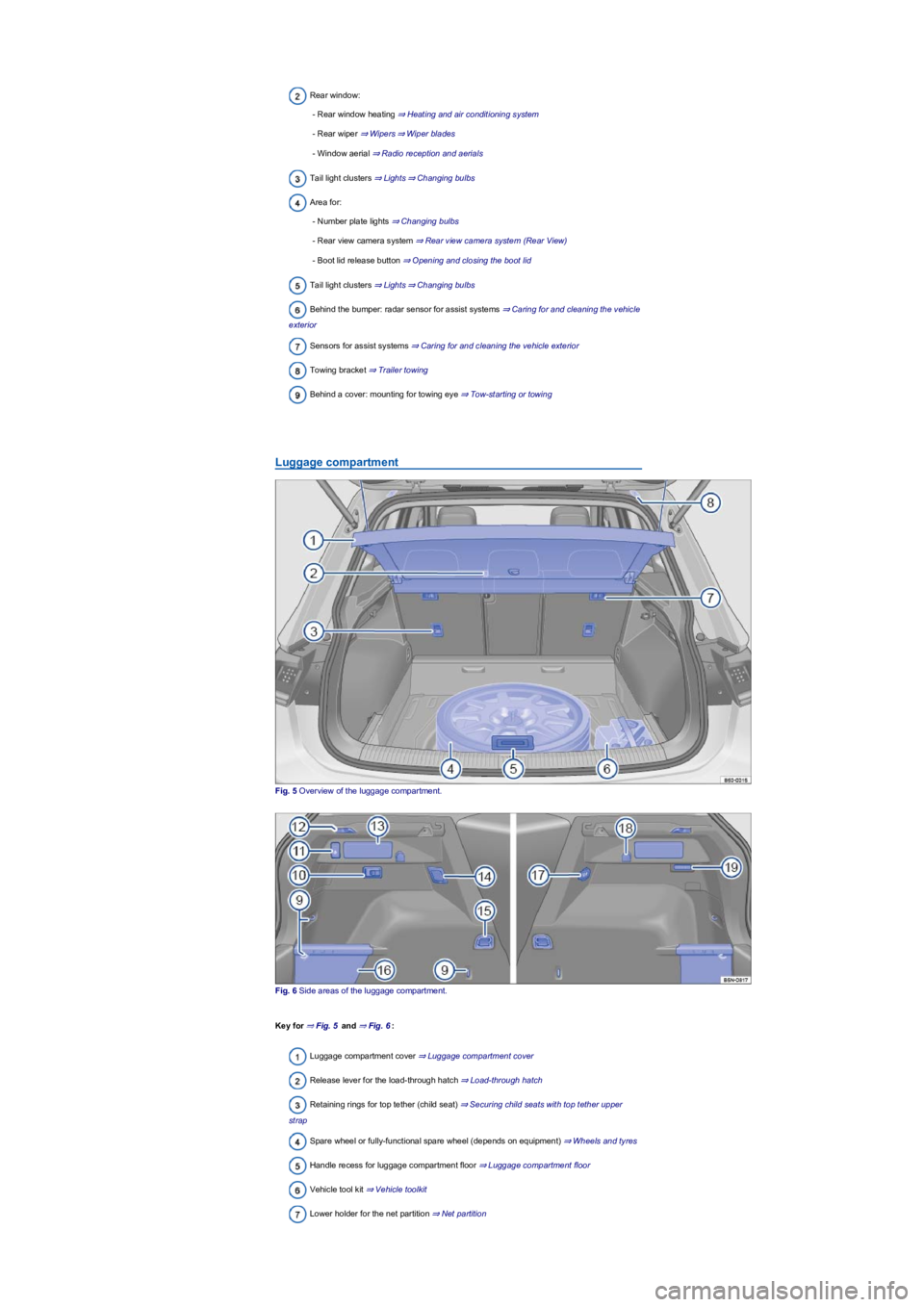 VOLKSWAGEN TIGUAN 2022  Owners Manual Rear window:
- Rear window heating ⇒ Heating and air conditioning system
- Rear wiper ⇒ Wipers⇒ Wiper blades
- Window aerial ⇒ Radio reception and aerials
Tail light clusters ⇒ 