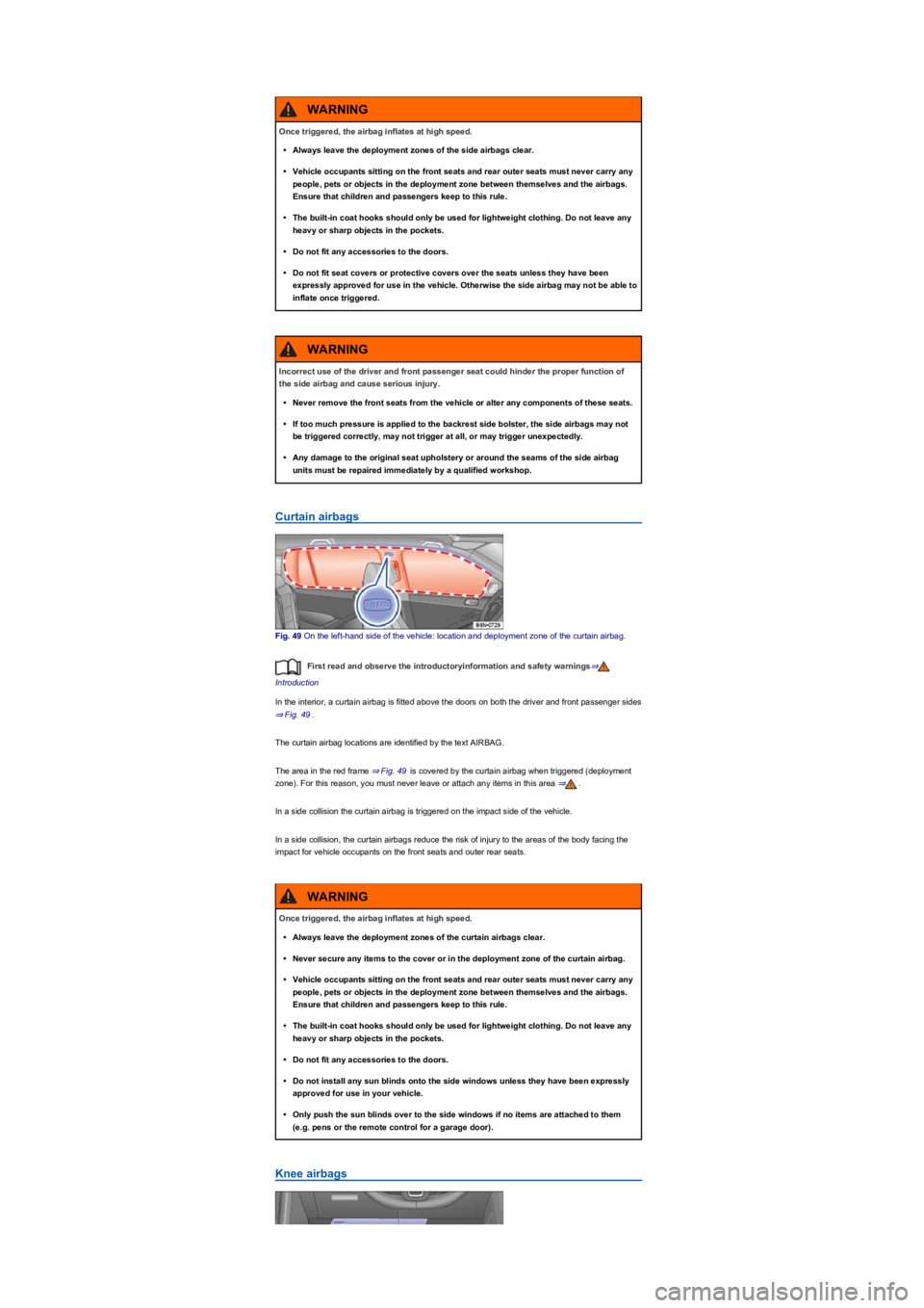 VOLKSWAGEN TIGUAN 2022 Workshop Manual Curtain airbags
Fig. 49 On the left-hand side of the vehicle: location and deployment zone of the curtain airbag.
First read and observe the introductoryinformation and safety warnings⇒
Introduction
