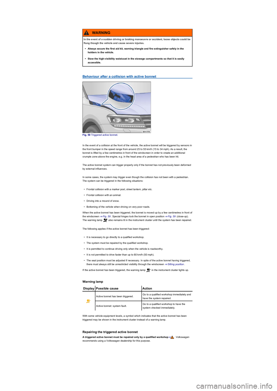 VOLKSWAGEN TIGUAN 2022 Repair Manual Behaviour after a collision with active bonnet
Fig. 59 Triggered active bonnet.
In the event of a collision at the front of the vehicle, the active bonnet will be triggered by sensors in
the front bu VOLKSWAGEN TIGUAN 2022 Repair Manual Behaviour after a collision with active bonnet
Fig. 59 Triggered active bonnet.
In the event of a collision at the front of the vehicle, the active bonnet will be triggered by sensors in
the front bu