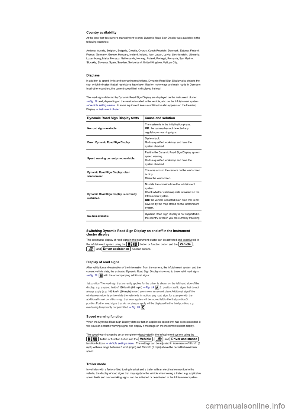 VOLKSWAGEN TIGUAN 2021 Owners Manual Country availability
At the time that this owner's manual went to print, Dynamic Road Sign Display was available in the 
following countries:
Andorra, Austria, Belgium, Bulgaria, Croatia, Cyprus, 