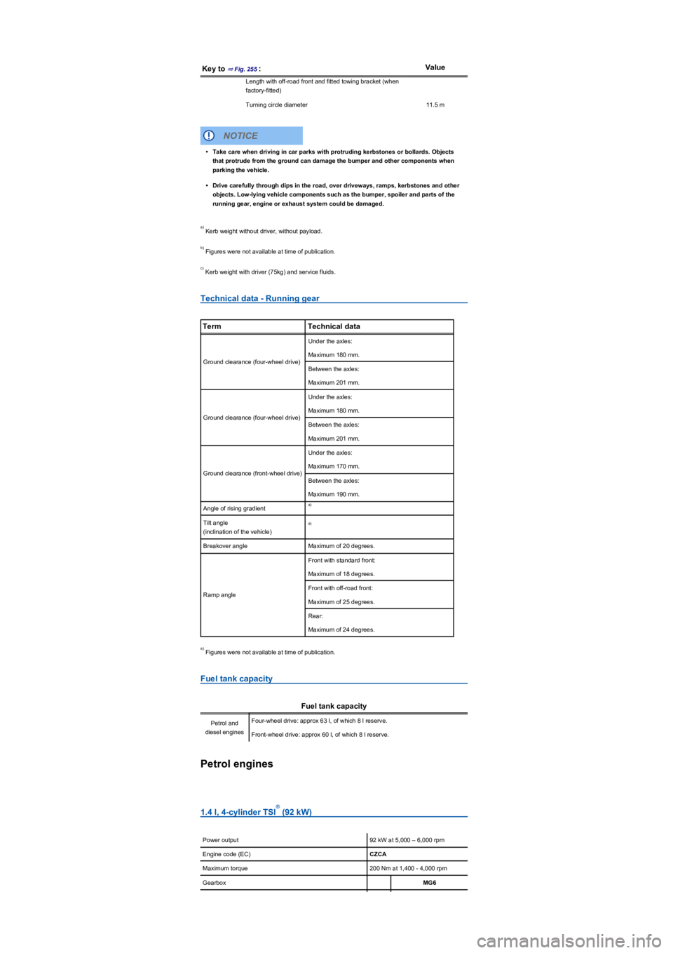 VOLKSWAGEN TIGUAN 2018  Owners Manual Key to ⇒ Fig. 255:Value
Length with off-road front and fitted towing bracket (when 
factory-fittedyf
Turning circle diameter11.5 m
 Kerb weight without driver, without payload.
 Figures were not a