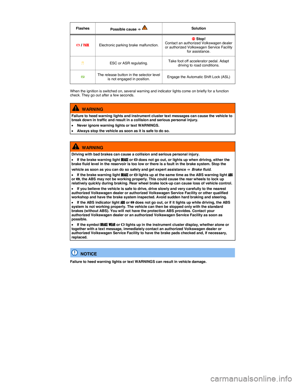 VOLKSWAGEN TIGUAN 2012  Owners Manual  
 
Flashes  Possible cause ⇒   Solution  
�G �