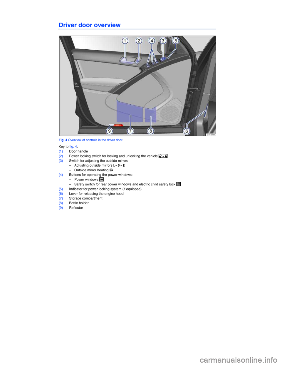 VOLKSWAGEN TIGUAN 2009  Owners Manual  
Driver door overview 
 
Fig. 4 Overview of controls in the driver door. 
Key to fig. 4: 
(1) Door handle  
(2) Power locking switch for locking and unlocking the vehicle �0 �