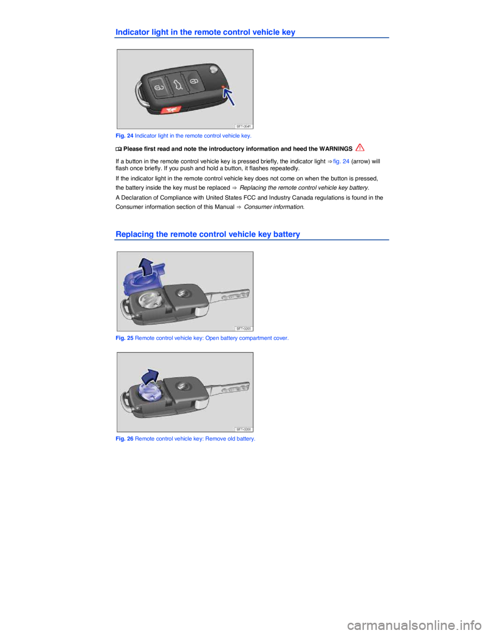 VOLKSWAGEN TIGUAN 2007 Workshop Manual  
Indicator light in the remote control vehicle key 
 
Fig. 24 Indicator light in the remote control vehicle key. 
�