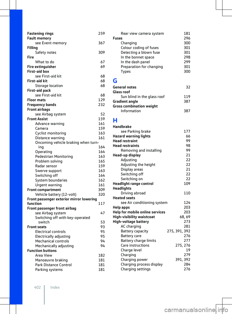 VOLKSWAGEN ID.4 2022  Owners Manual Fastening rings
259
Fault memory see Event memory 367
Filling Safety notes 309
Fire What to do 67
Fire extinguisher 69
First-aid box see First-aid kit 68
First-aid kit 68
Storage location 68
First-aid