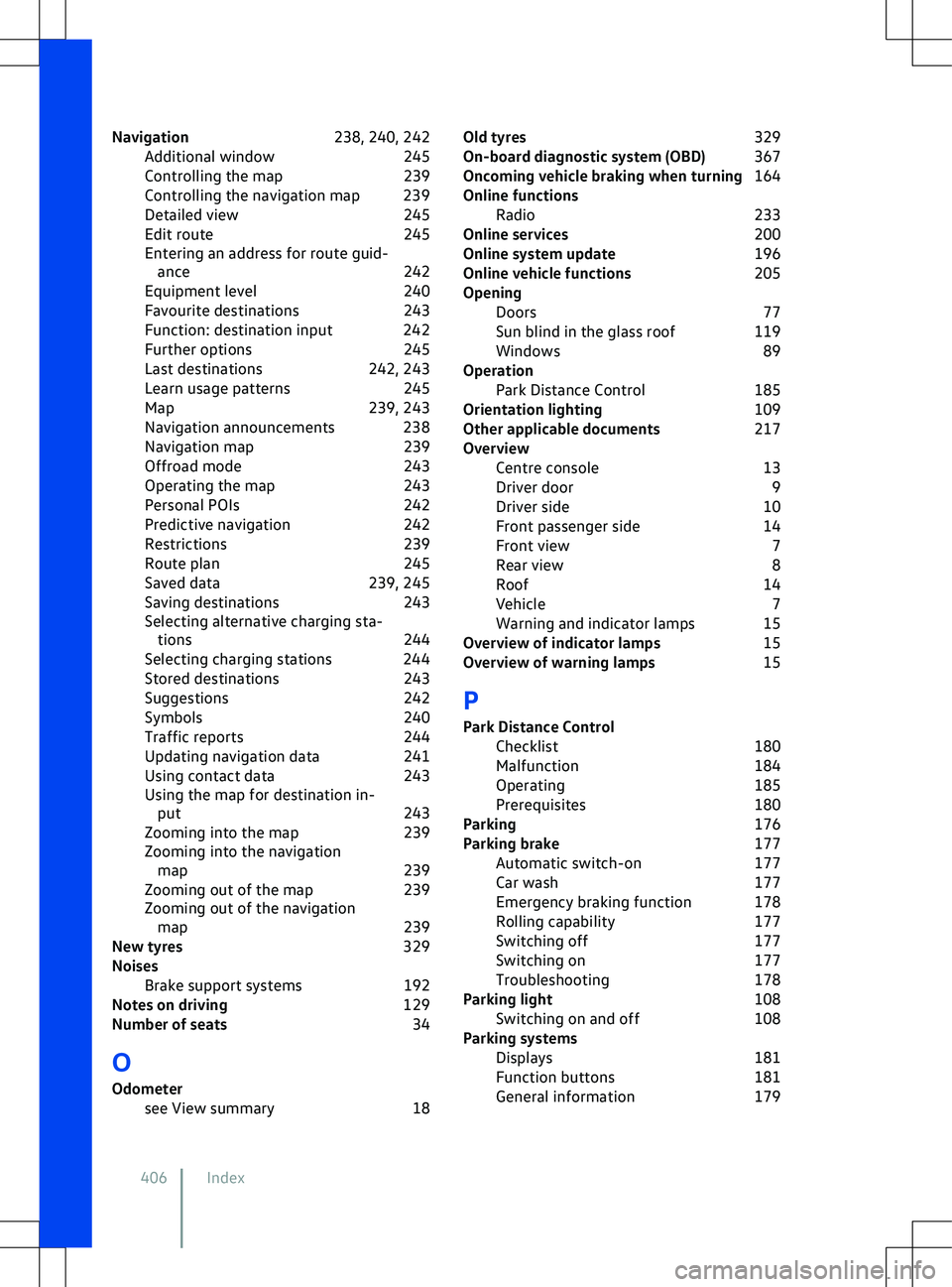 VOLKSWAGEN ID.4 2022  Owners Manual Navigation
238, 240, 242
Additional window 245
Controlling the map 239
Controlling the navigation map 239
Detailed view 245
Edit route 245
Entering an address for route guid- ance 242
Equipment level 