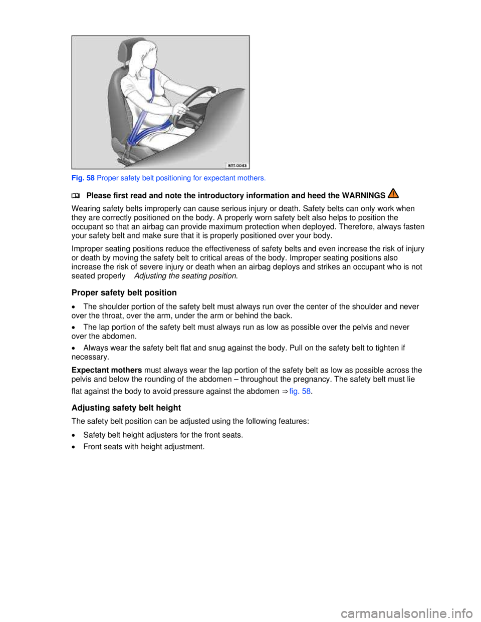 VOLKSWAGEN JETTA SPORTWAGEN 2013 Manual Online  
 
 
Fig. 58 Proper safety belt positioning for expectant mothers. 
�