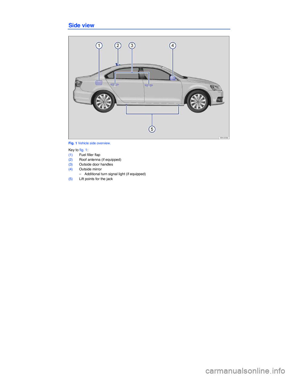 VOLKSWAGEN JETTA 2.5 SE 2012  Owners Manual  
Side view 
 
Fig. 1 Vehicle side overview. 
Key to fig. 1: 
(1) Fuel filler flap  
(2) Roof antenna (if equipped) 
(3) Outside door handles  
(4) Outside mirror  
–  Additional turn signal light (