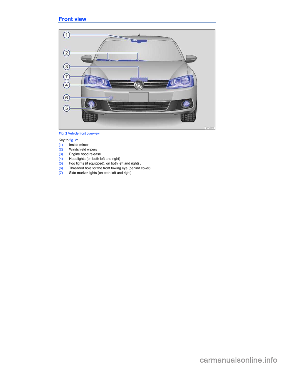 VOLKSWAGEN JETTA 2.5 SE 2012  Owners Manual  
Front view 
 
Fig. 2 Vehicle front overview. 
Key to fig. 2: 
(1) Inside mirror  
(2) Windshield wipers  
(3) Engine hood release  
(4) Headlights (on both left and right)  
(5) Fog lights (if equip