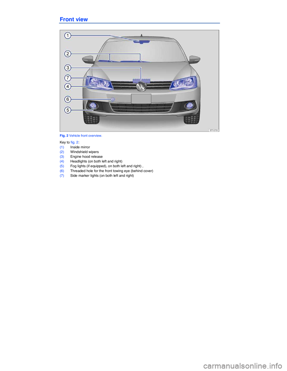 VOLKSWAGEN JETTA 2.5 SE 2012  Owners Manual  
Front view 
 
Fig. 2 Vehicle front overview. 
Key to fig. 2: 
(1) Inside mirror  
(2) Windshield wipers  
(3) Engine hood release  
(4) Headlights (on both left and right)  
(5) Fog lights (if equip