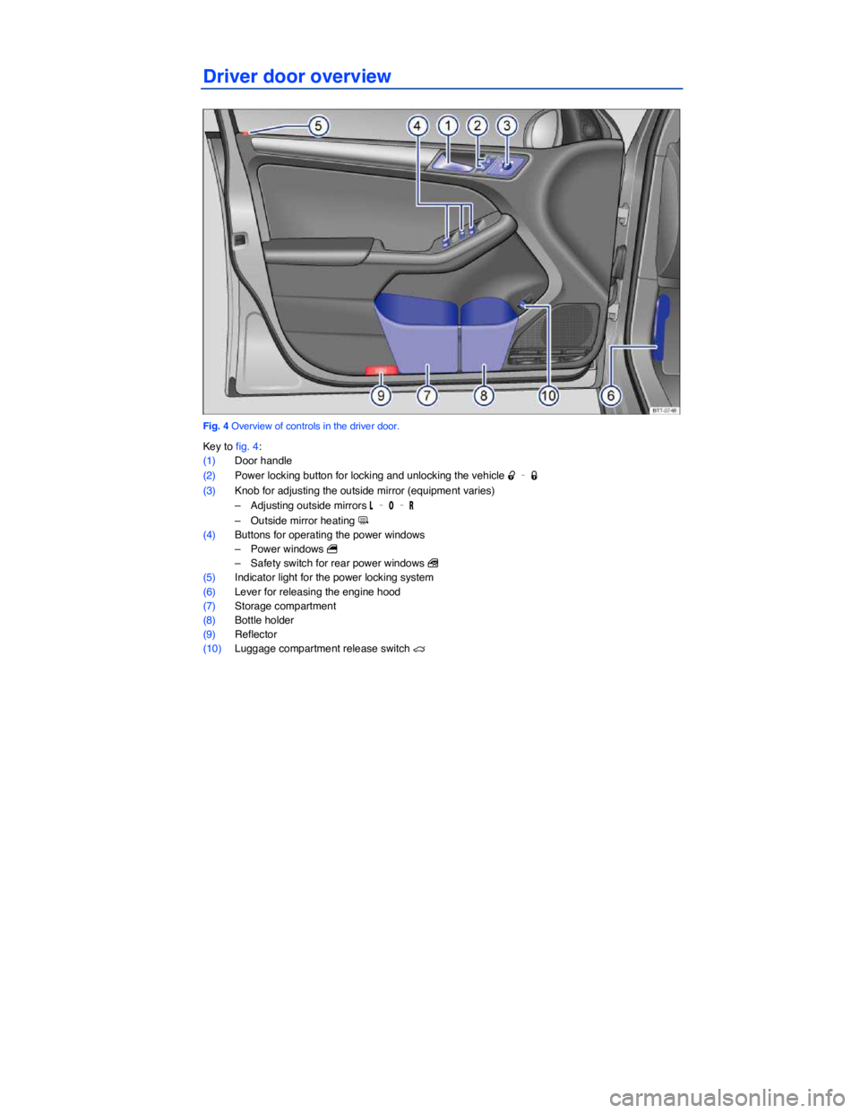 VOLKSWAGEN JETTA 2.5 SE 2012  Owners Manual  
Driver door overview 
 
Fig. 4 Overview of controls in the driver door. 
Key to fig. 4: 
(1) Door handle  
(2) Power locking button for locking and unlocking the vehicle �0 – �1 
(3) Knob for adju