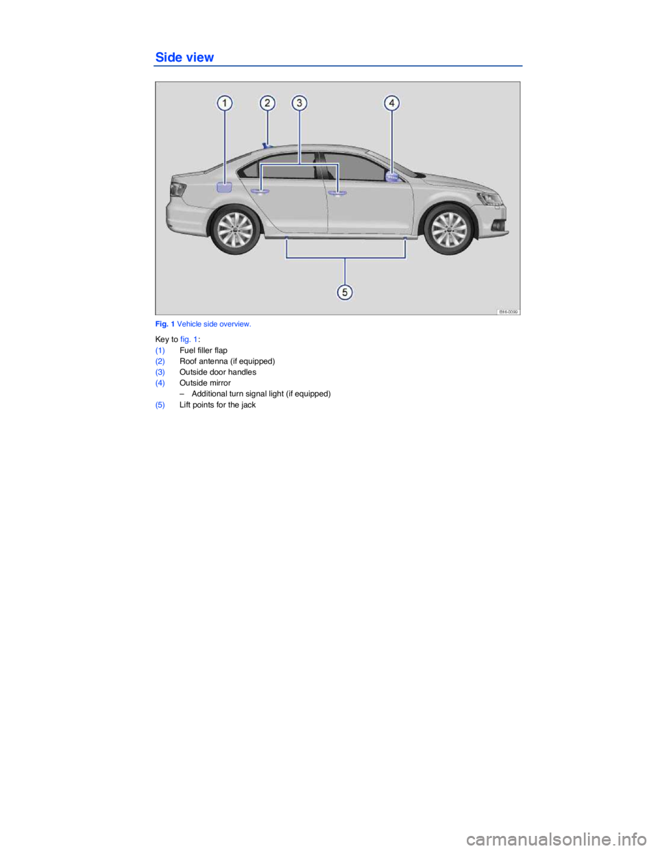 VOLKSWAGEN JETTA 2.5 SE 2011  Owners Manual  
Side view 
 
Fig. 1 Vehicle side overview. 
Key to fig. 1: 
(1) Fuel filler flap  
(2) Roof antenna (if equipped) 
(3) Outside door handles  
(4) Outside mirror  
–  Additional turn signal light (