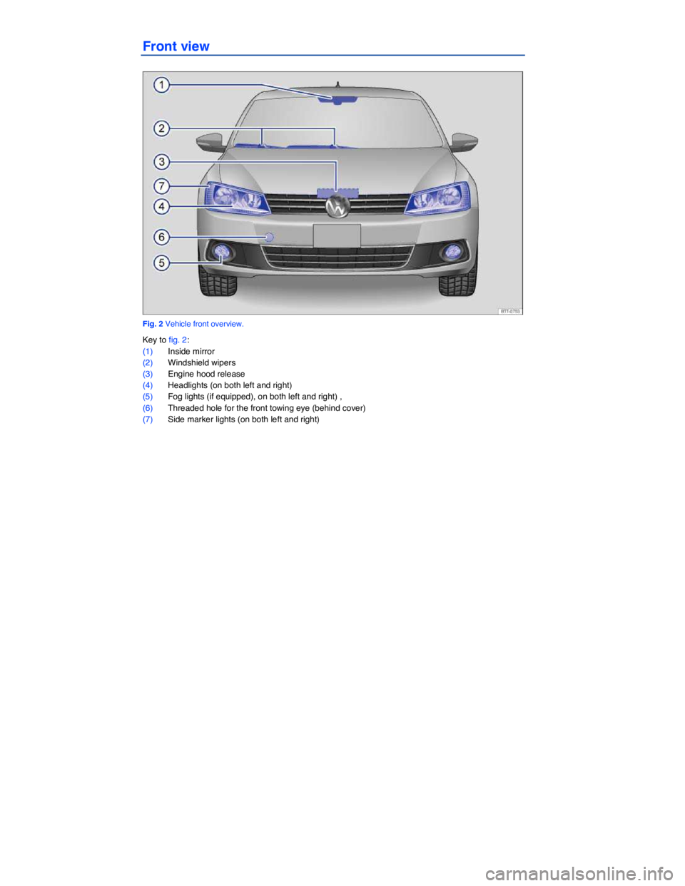 VOLKSWAGEN JETTA 2.5 SE 2011  Owners Manual  
Front view 
 
Fig. 2 Vehicle front overview. 
Key to fig. 2: 
(1) Inside mirror  
(2) Windshield wipers  
(3) Engine hood release  
(4) Headlights (on both left and right)  
(5) Fog lights (if equip