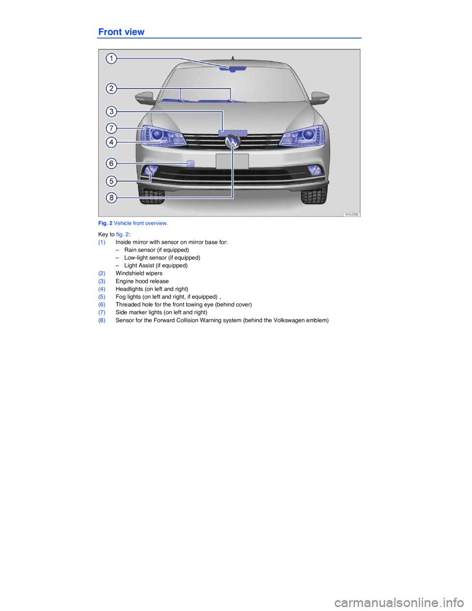 VOLKSWAGEN JETTA 2018  Owners Manual  
Front view 
 
Fig. 2 Vehicle front overview. 
Key to fig. 2: 
(1) Inside mirror with sensor on mirror base for: 
–  Rain sensor (if equipped)  
–  Low-light sensor (if equipped)  
–  Light Ass