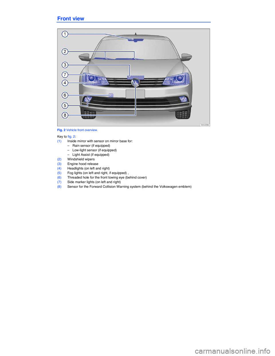 VOLKSWAGEN JETTA 2018  Owners Manual  
Front view 
 
Fig. 2 Vehicle front overview. 
Key to fig. 2: 
(1) Inside mirror with sensor on mirror base for: 
–  Rain sensor (if equipped)  
–  Low-light sensor (if equipped)  
–  Light Ass