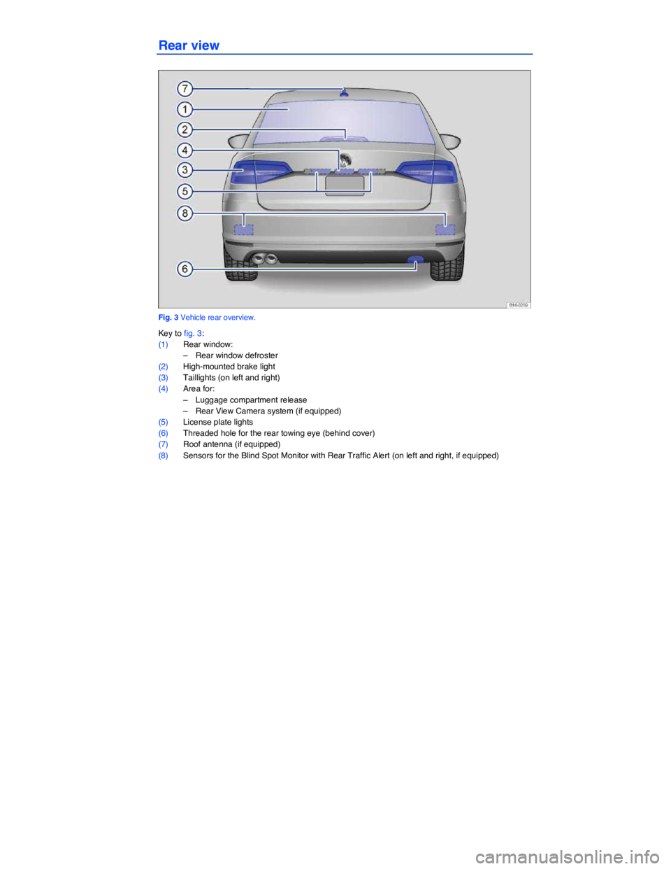 VOLKSWAGEN JETTA 2018  Owners Manual  
Rear view 
 
Fig. 3 Vehicle rear overview. 
Key to fig. 3: 
(1) Rear window: 
–  Rear window defroster  
(2) High-mounted brake light  
(3) Taillights (on left and right)  
(4) Area for: 
–  Lug