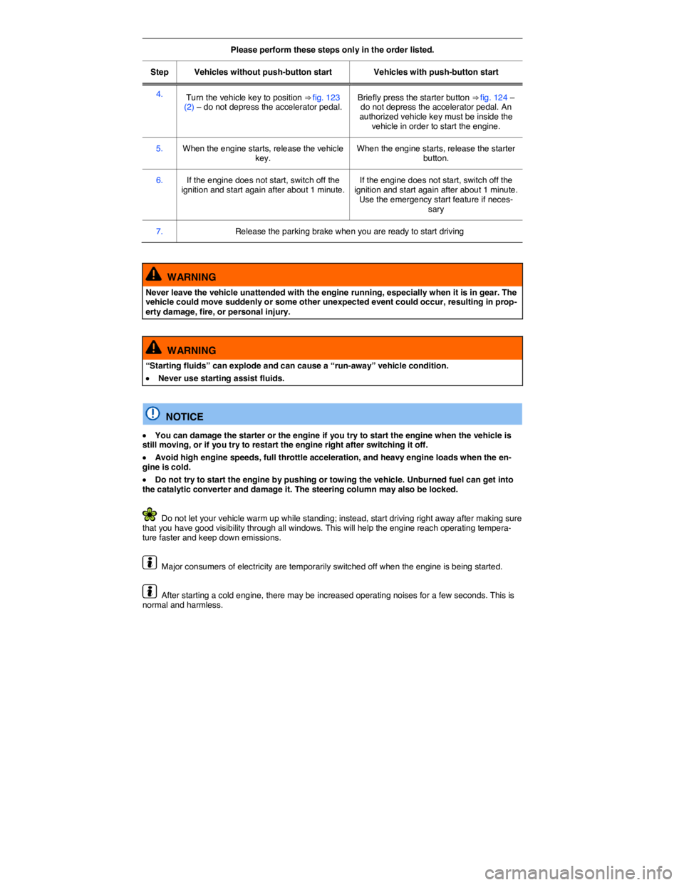 VOLKSWAGEN JETTA 2018  Owners Manual  
Please perform these steps only in the order listed.  
Step   Vehicles without push-button start   Vehicles with push-button start  
4.  Turn the vehicle key to position ⇒ fig. 123 (2) – do no