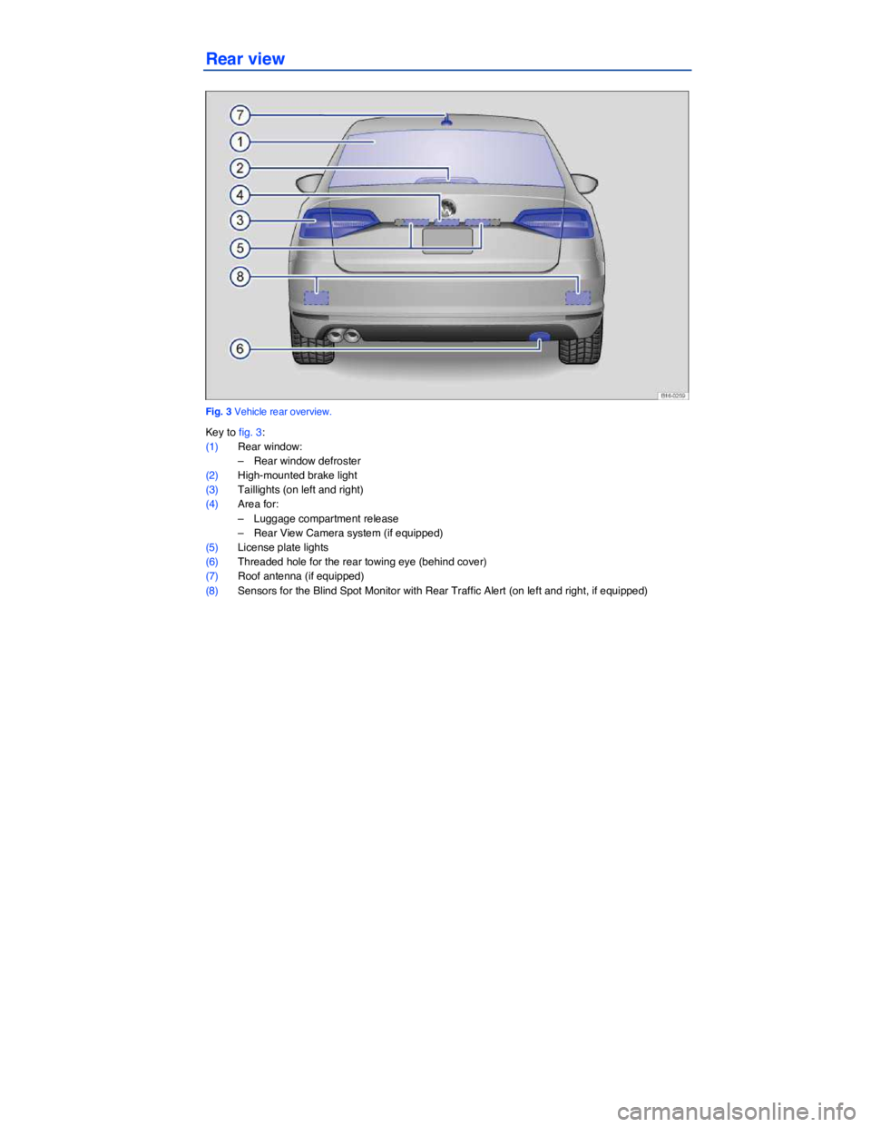 VOLKSWAGEN JETTA 2017  Owners Manual  
Rear view 
 
Fig. 3 Vehicle rear overview. 
Key to fig. 3: 
(1) Rear window: 
–  Rear window defroster  
(2) High-mounted brake light  
(3) Taillights (on left and right)  
(4) Area for: 
–  Lug