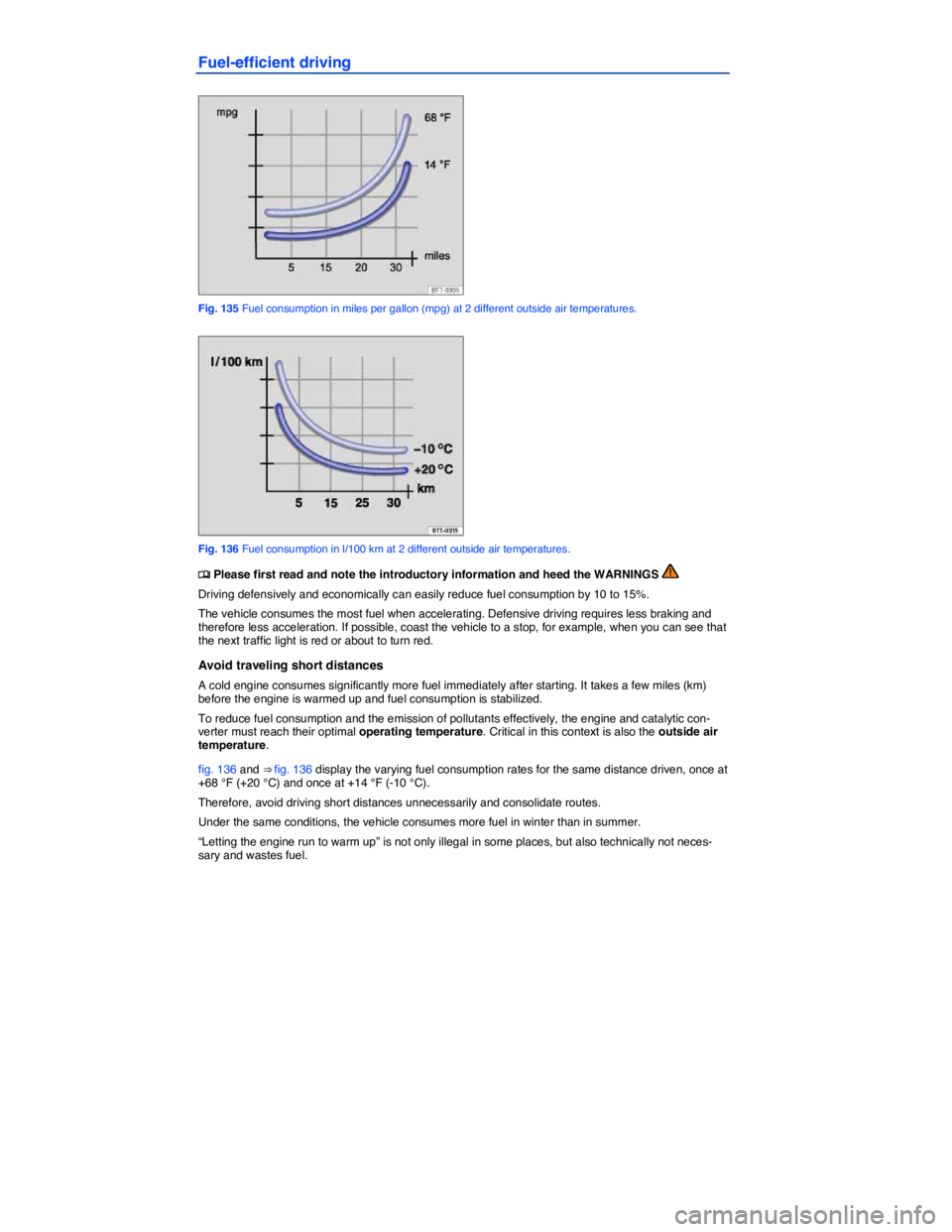 VOLKSWAGEN JETTA 2016  Owners Manual  
Fuel-efficient driving 
 
Fig. 135 Fuel consumption in miles per gallon (mpg) at 2 different outside air temperatures. 
 
Fig. 136 Fuel consumption in l/100 km at 2 different outside air temperature