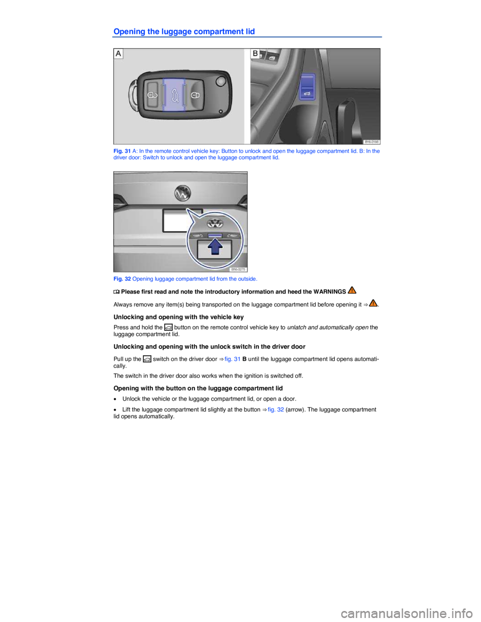 VOLKSWAGEN JETTA 2016 Repair Manual  
Opening the luggage compartment lid 
 
Fig. 31 A: In the remote control vehicle key: Button to unlock and open the luggage compartment lid. B: In the driver door: Switch to unlock and open the lugga