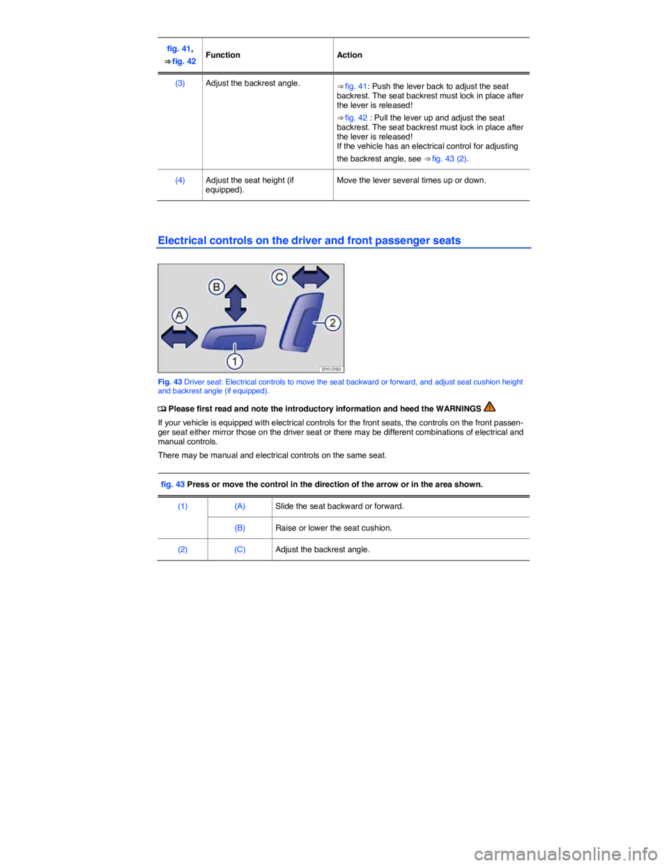 VOLKSWAGEN JETTA 2016 Manual Online  
fig. 41, 
⇒ fig. 42  Function   Action  
(3)   Adjust the backrest angle.  ⇒ fig. 41: Push the lever back to adjust the seat backrest. The seat backrest must lock in place after the lever is