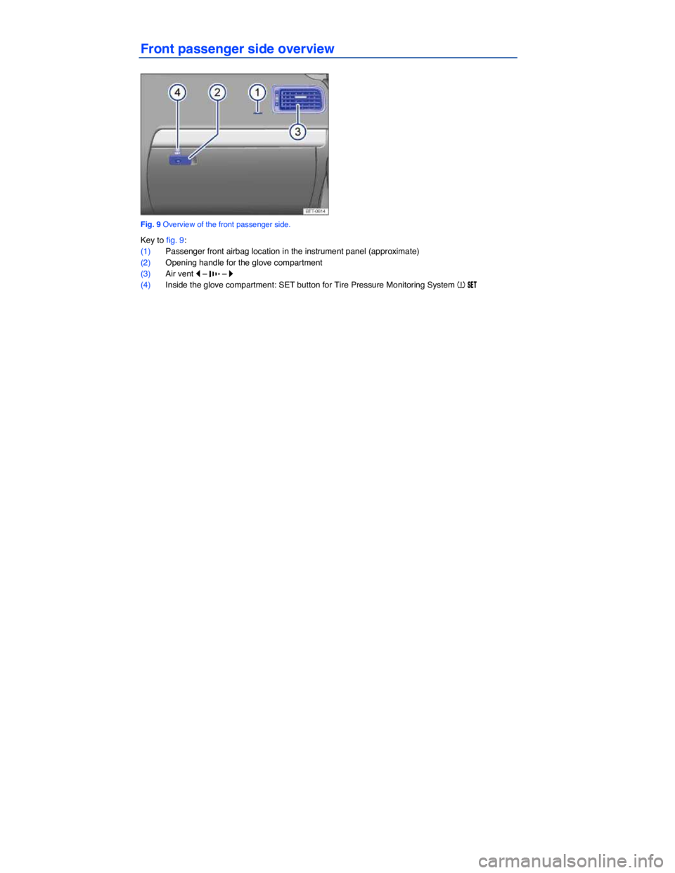 VOLKSWAGEN JETTA 2016  Owners Manual  
Front passenger side overview 
 
Fig. 9 Overview of the front passenger side. 
Key to fig. 9: 
(1) Passenger front airbag location in the instrument panel (approximate)  
(2) Opening handle for the 