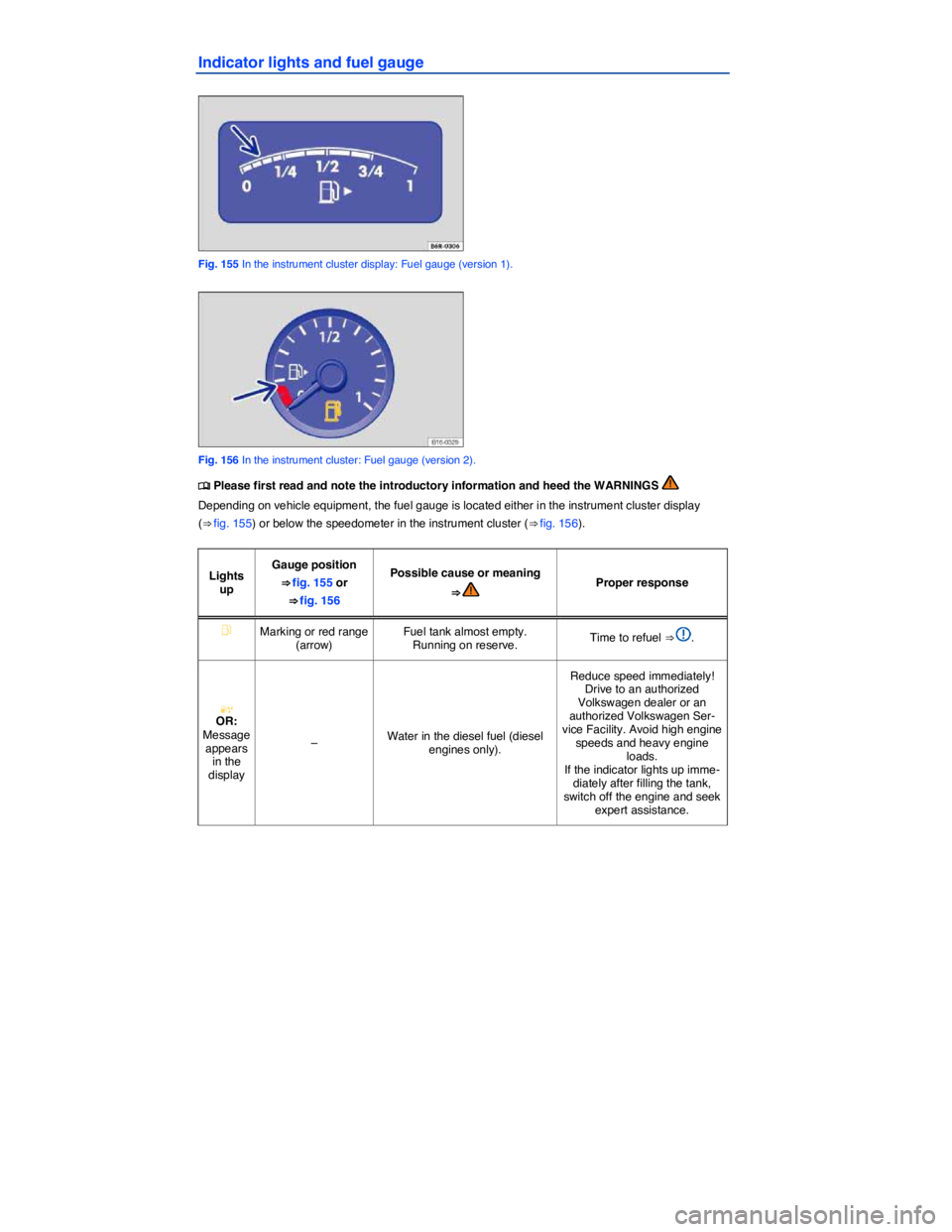 VOLKSWAGEN JETTA 2015  Owners Manual  
Indicator lights and fuel gauge 
 
Fig. 155 In the instrument cluster display: Fuel gauge (version 1). 
 
Fig. 156 In the instrument cluster: Fuel gauge (version 2). 
�
