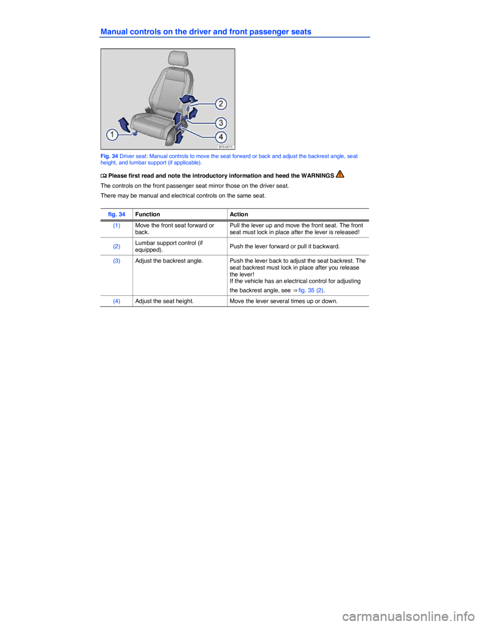 VOLKSWAGEN JETTA 2013 Workshop Manual  
Manual controls on the driver and front passenger seats 
 
Fig. 34 Driver seat: Manual controls to move the seat forward or back and adjust the backrest angle, seat height, and lumbar support (if ap