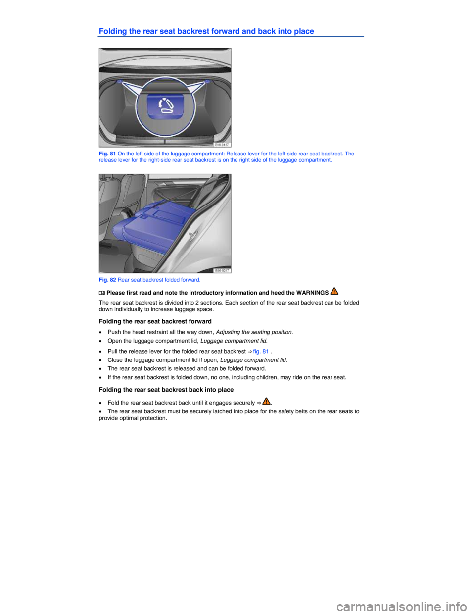 VOLKSWAGEN JETTA 2012  Owners Manual  
Folding the rear seat backrest forward and back into place 
 
Fig. 81 On the left side of the luggage compartment: Release lever for the left-side rear seat backrest. The release lever for the right
