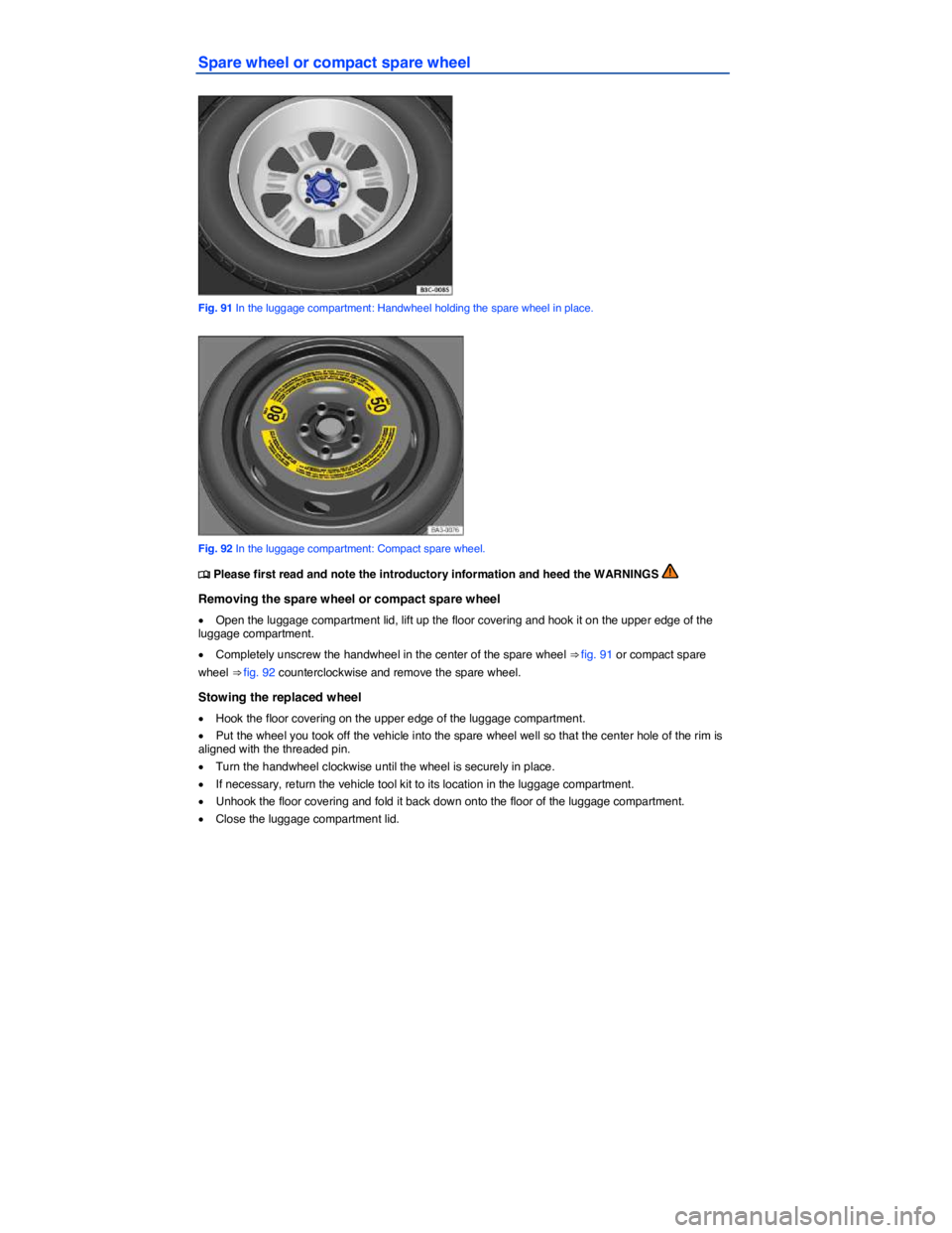 VOLKSWAGEN JETTA 2012  Owners Manual  
Spare wheel or compact spare wheel 
 
Fig. 91 In the luggage compartment: Handwheel holding the spare wheel in place. 
 
Fig. 92 In the luggage compartment: Compact spare wheel. 
�