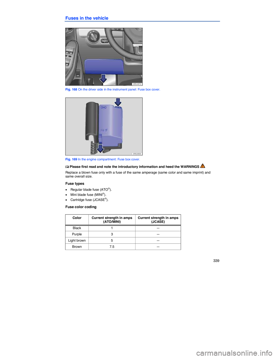 VOLKSWAGEN JETTA 2012  Owners Manual    339 
Fuses in the vehicle 
 
Fig. 168 On the driver side in the instrument panel: Fuse box cover. 
 
Fig. 169 In the engine compartment: Fuse box cover. 
�