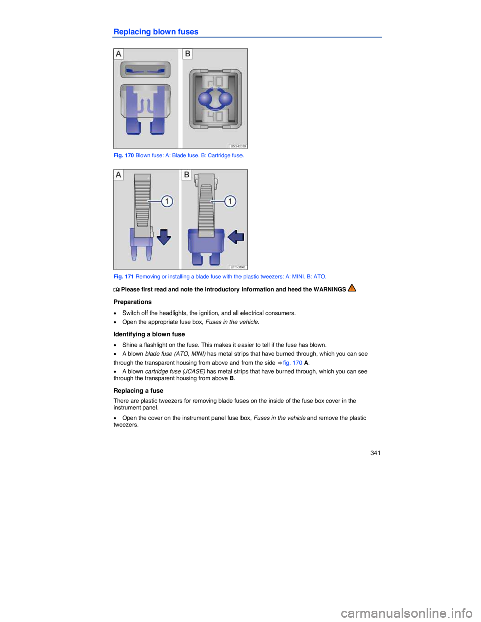VOLKSWAGEN JETTA 2012  Owners Manual    341 
Replacing blown fuses 
 
Fig. 170 Blown fuse: A: Blade fuse. B: Cartridge fuse. 
 
Fig. 171 Removing or installing a blade fuse with the plastic tweezers: A: MINI. B: ATO. 
�