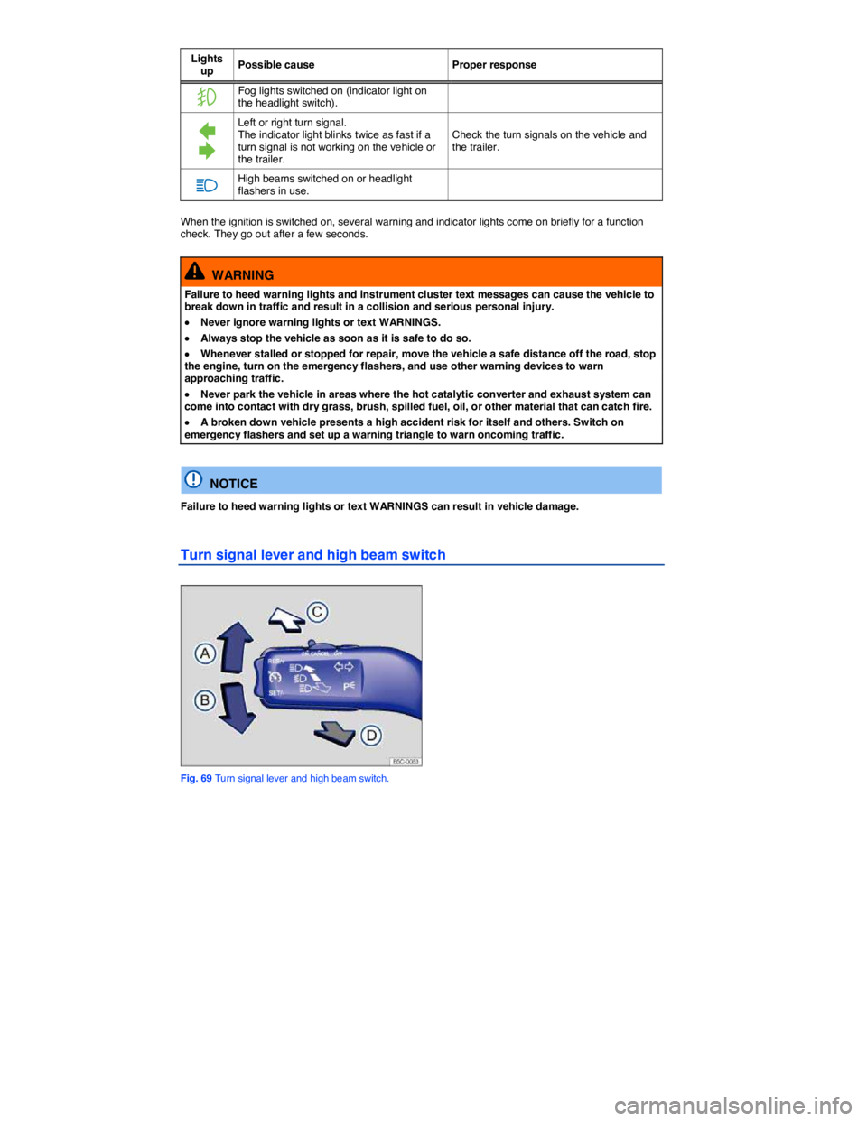 VOLKSWAGEN JETTA 2012 Manual Online  
Lights up Possible cause  Proper response 
�	 Fog lights switched on (indicator light on the headlight switch).   
�Z 
�