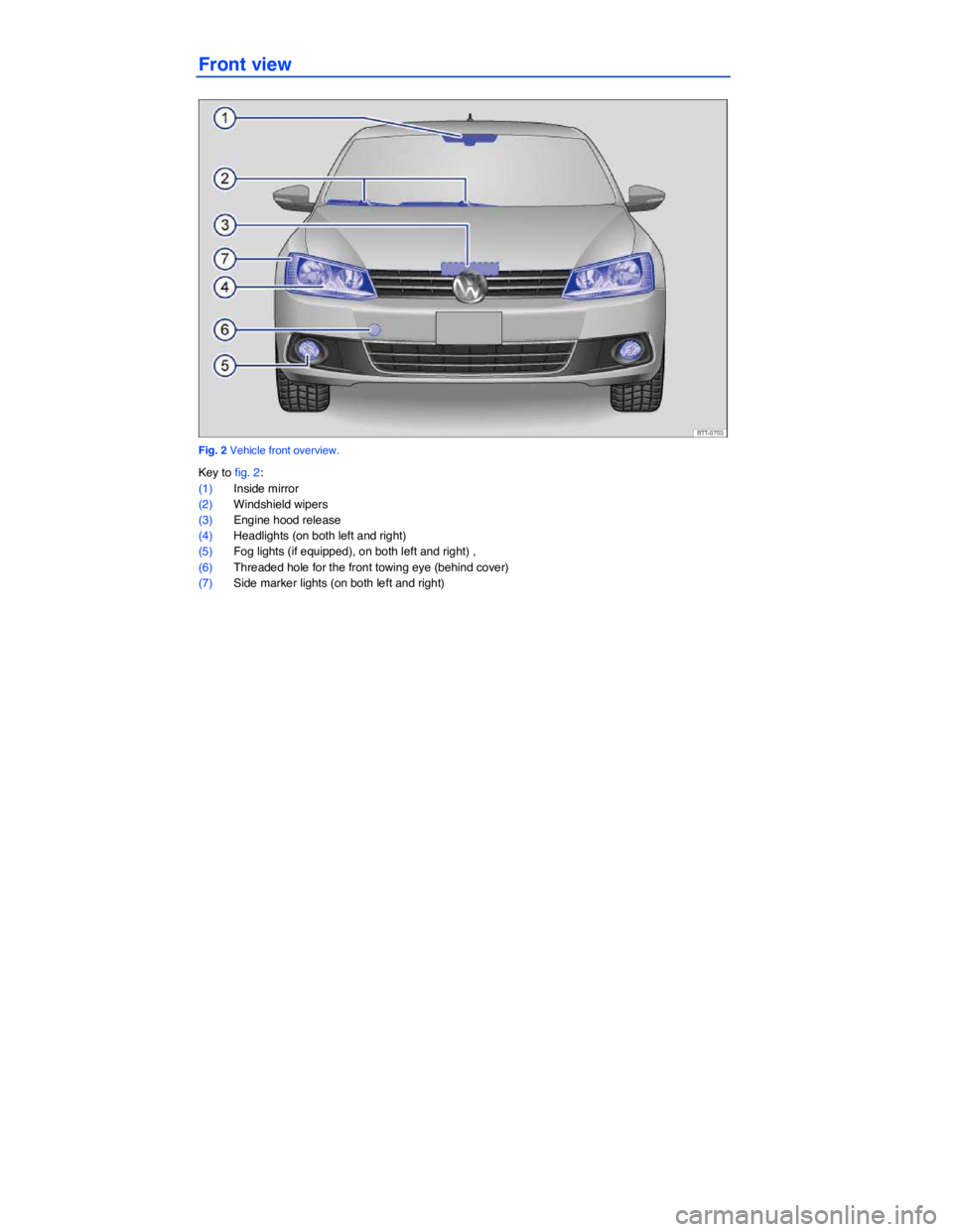 VOLKSWAGEN JETTA 2011  Owners Manual  
Front view 
 
Fig. 2 Vehicle front overview. 
Key to fig. 2: 
(1) Inside mirror  
(2) Windshield wipers  
(3) Engine hood release  
(4) Headlights (on both left and right)  
(5) Fog lights (if equip