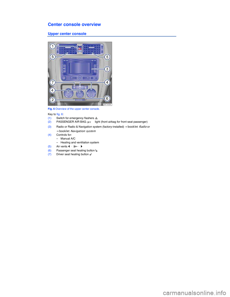 VOLKSWAGEN JETTA 2011  Owners Manual  
Center console overview 
Upper center console 
 
Fig. 6 Overview of the upper center console. 
Key to fig. 6: 
(1) Switch for emergency flashers � (2) PASSENGER AIR BAG OF F � light (front airbag f